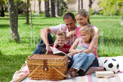 Smiling family reading while having a picnic