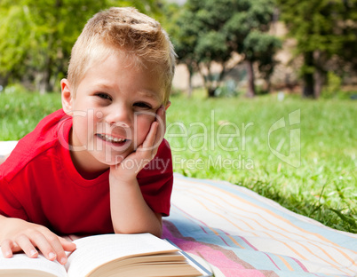 Cute little boy reading at a picnic