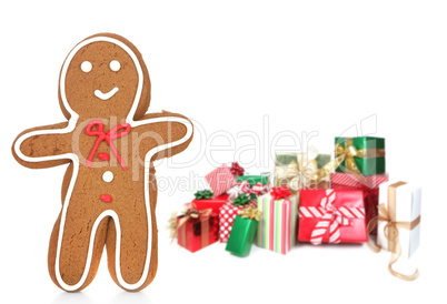 Gingerbread Man and Presents Against a White Background