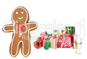 Gingerbread Man and Presents Against a White Background