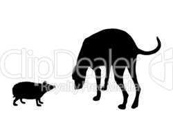 Die schwarzen Silhouetten  eines Hundes und eines Igels