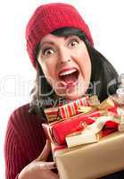 Pretty Brunette Girl Holds Pile of Holiday Gifts