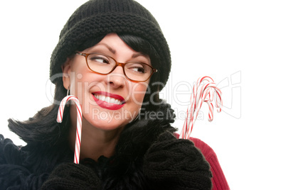 Pretty Brunette Woman Holding Candy Canes