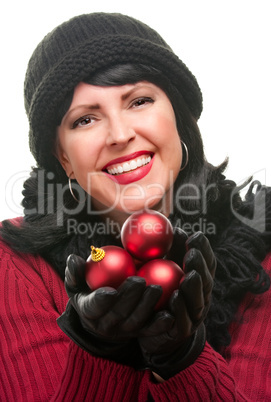 Brunette Attractive Woman Holding Red Ornaments