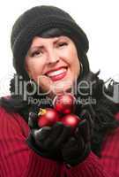 Brunette Attractive Woman Holding Red Ornaments