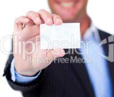 businessman holding a white card