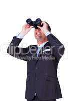 businessman looking up with binoculars