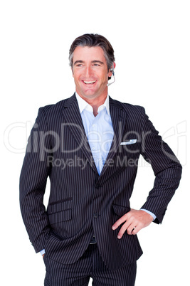 Confident businessman with headset on