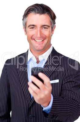 Happy businessman with phone
