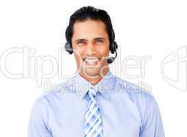 Businessman with headset on