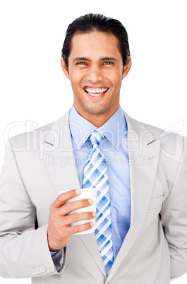 businessman holding a drinking cup