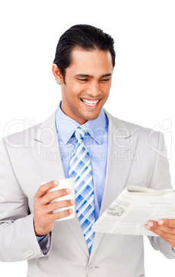 businessman driking coffee and reading