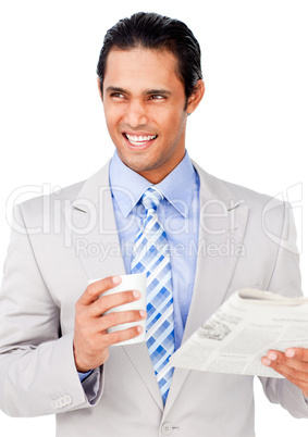 businessman driking coffee while reading