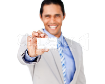 businessman holding a white card