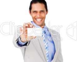 businessman holding a white card