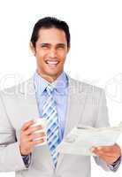businessman driking coffee and reading