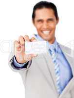 businessman holding a white card