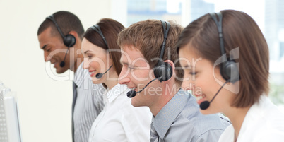Serious co-workers in a call center