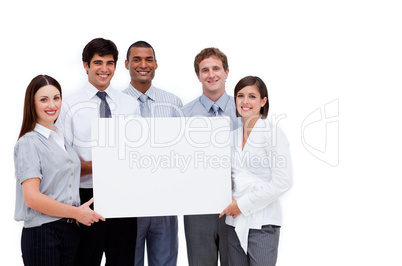 business people holding a white card