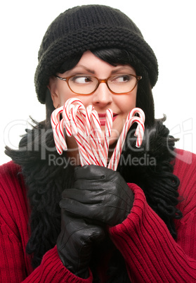 Pretty Woman Holding Candy Canes