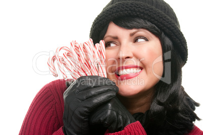Pretty Brunette Holding Candy Canes