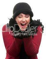 Excited Woman In Winter Clothes Holds Her Hands Out