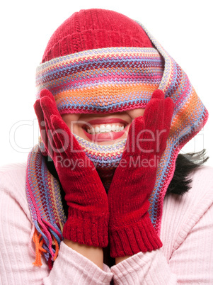 Playful Woman With Colorful Scarf Over Eyes