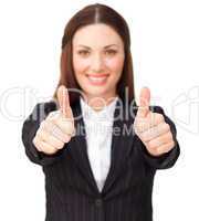 businesswoman with thumbs up