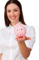 businesswoman showing a piggybank
