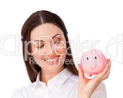 businesswoman holding a piggybank