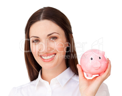 businesswoman holding a piggybank