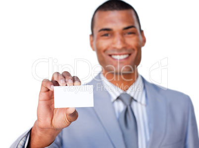 businessman holding a white card