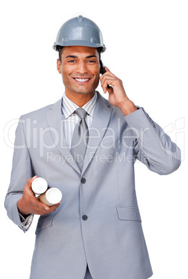 architect wearing a hardhat on phone