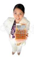 businesswoman holding a calculator
