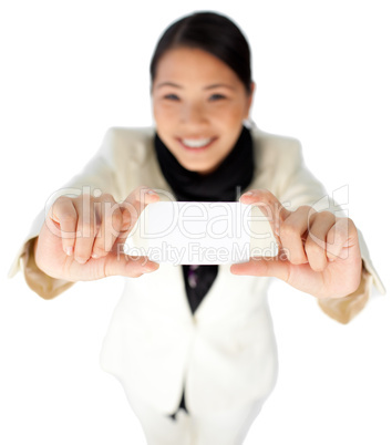 businesswoman showing a white card