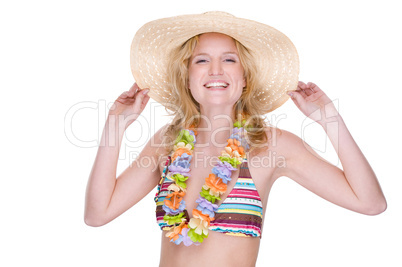 Happy bikini girl with lei