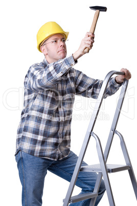 Craftsman on a ladder with a hammer