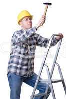 Craftsman on a ladder with a hammer