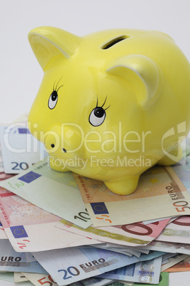 Piggy bank standing on top of Euro banknotes