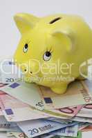 Piggy bank standing on top of Euro banknotes