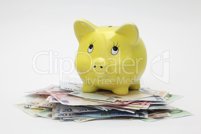 Piggy bank standing on top of Euro banknotes