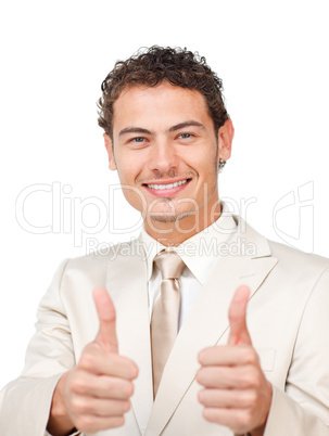 Hispanic businessman with thumbs up