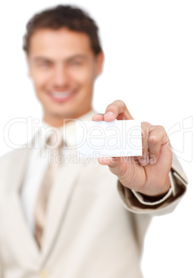 Businessman holding a white card