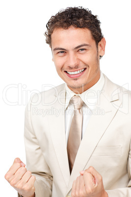 businessman punching the air in celebration