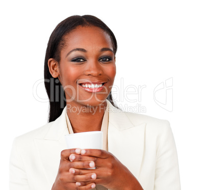businesswoman holding a drinking cup