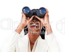 businesswoman looking through binoculars