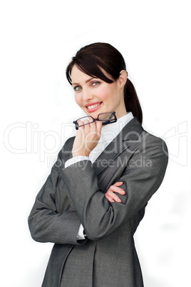 businesswoman holding glasses