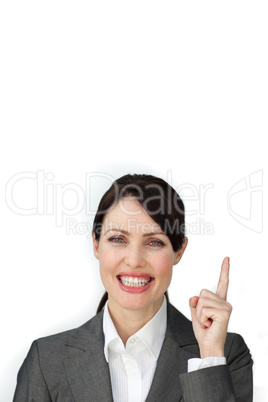 businesswoman pointing at a copyspace