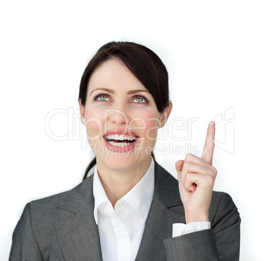 businesswoman pointing at a copyspace