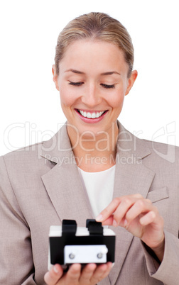 businesswoman with card holder